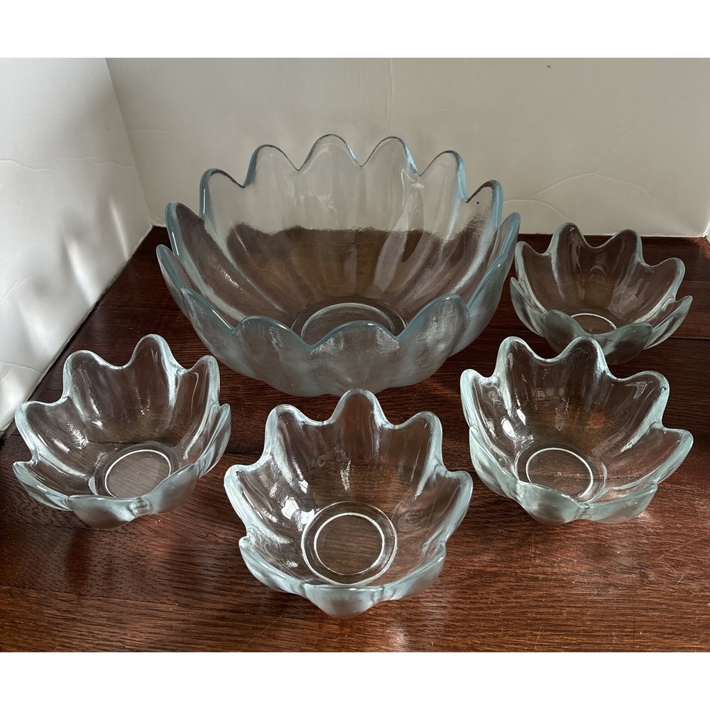 Vintage BLENKO Clear Glass Lotus Salad Bowl 5 Piece Set‎ 14 Petals And  8 Petals